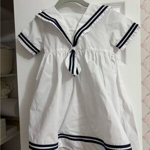 White Sailor Dress with Navy Stripes feltman brothers